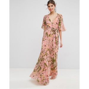 ASOS Floral Pleated Flutter Sleeve Maxi Dress Size 2 Pink Terracotta Rose Design